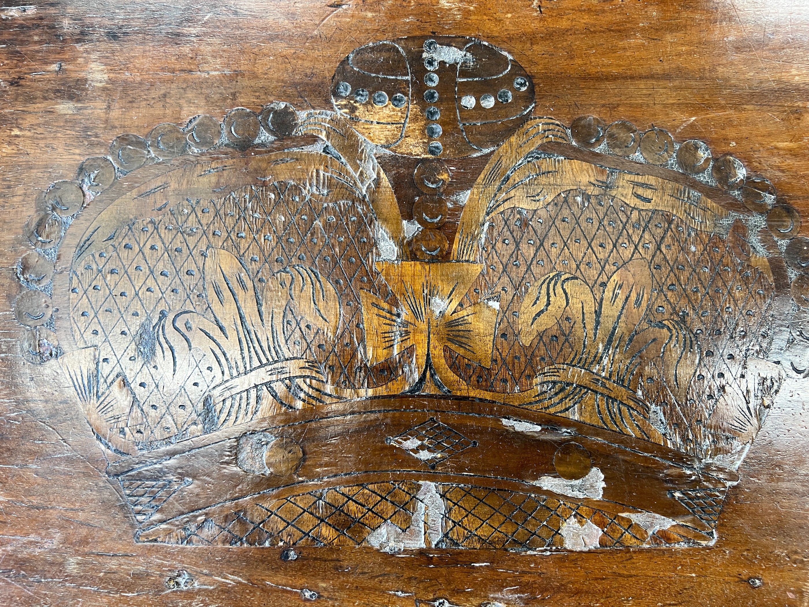 An 18th century and later inlaid walnut coffer on stand, length 112cm, depth 53cm, height 84cm